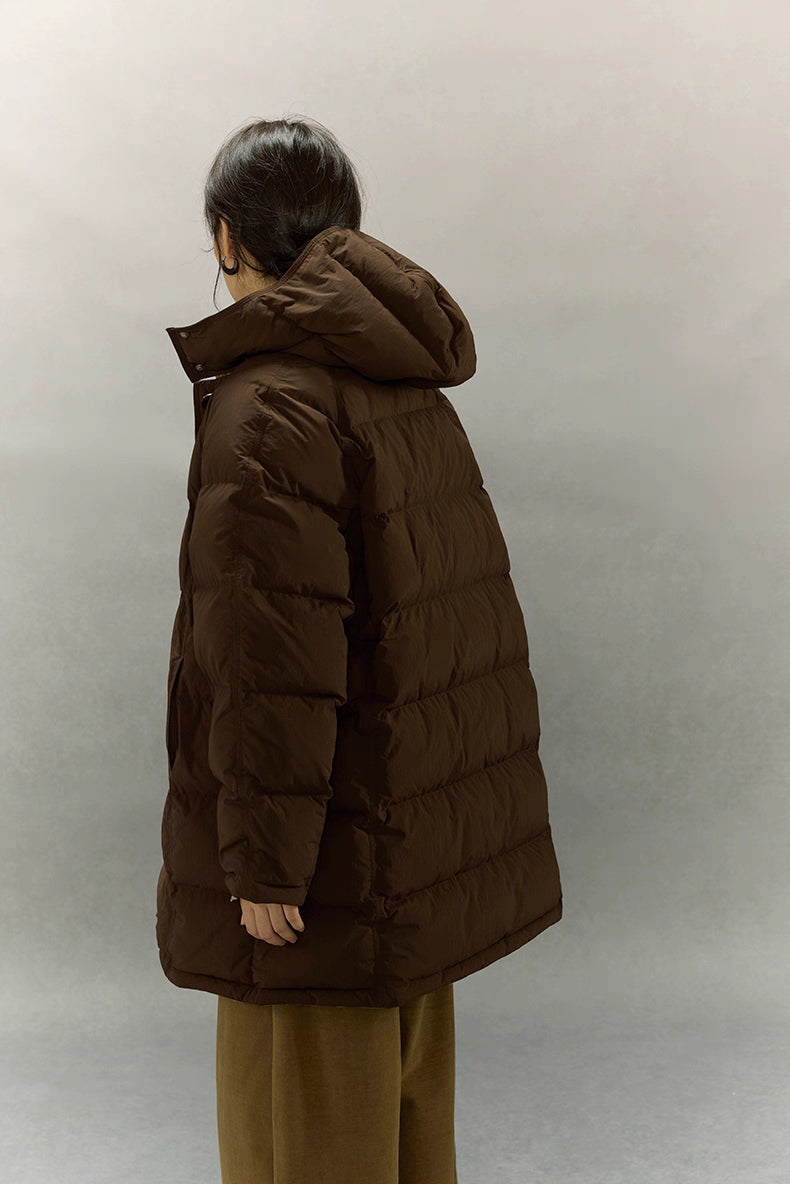 Back view of dark coffee brown mid length down coat with detachable hood