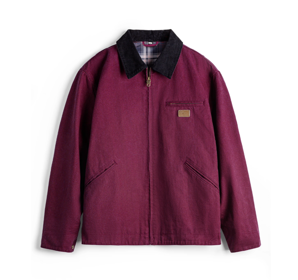 Detroit work jacket in burgundy red, front view flat lay