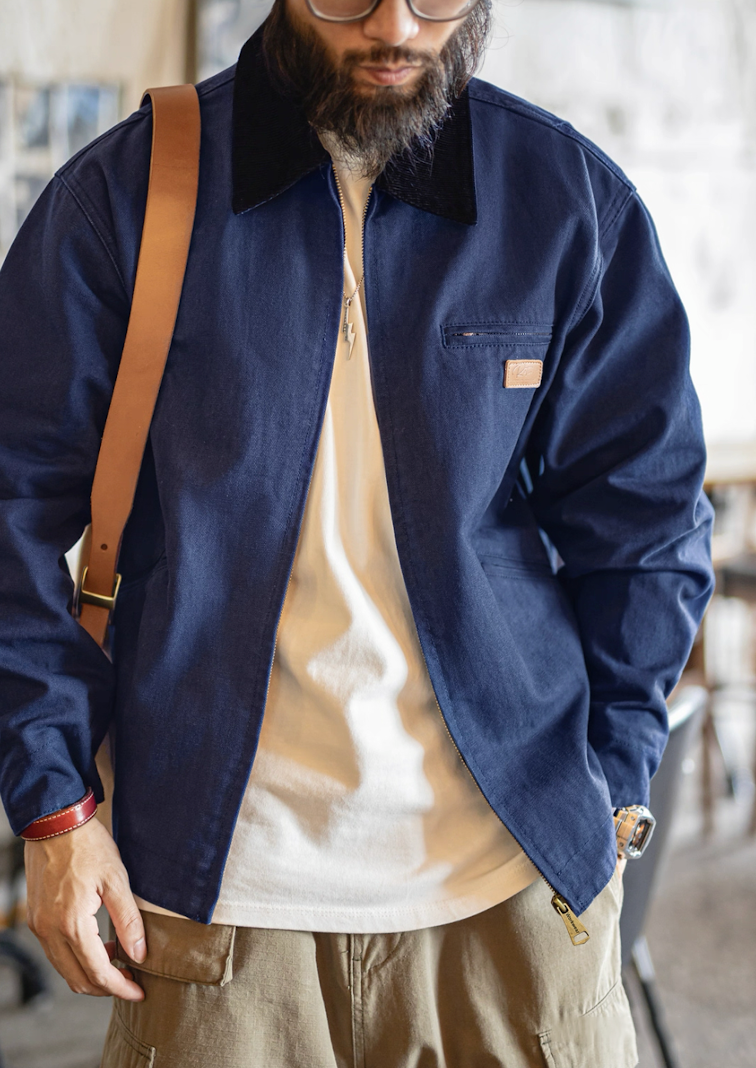 Casual outfit with navy Detroit canvas work jacket and khaki pants