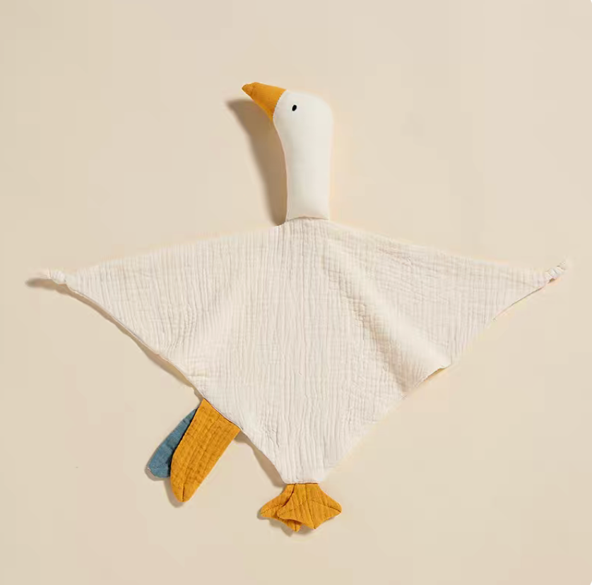 Cream duck lovey teething toy with yellow beak fully opened displaying soft breathable cotton blanket design