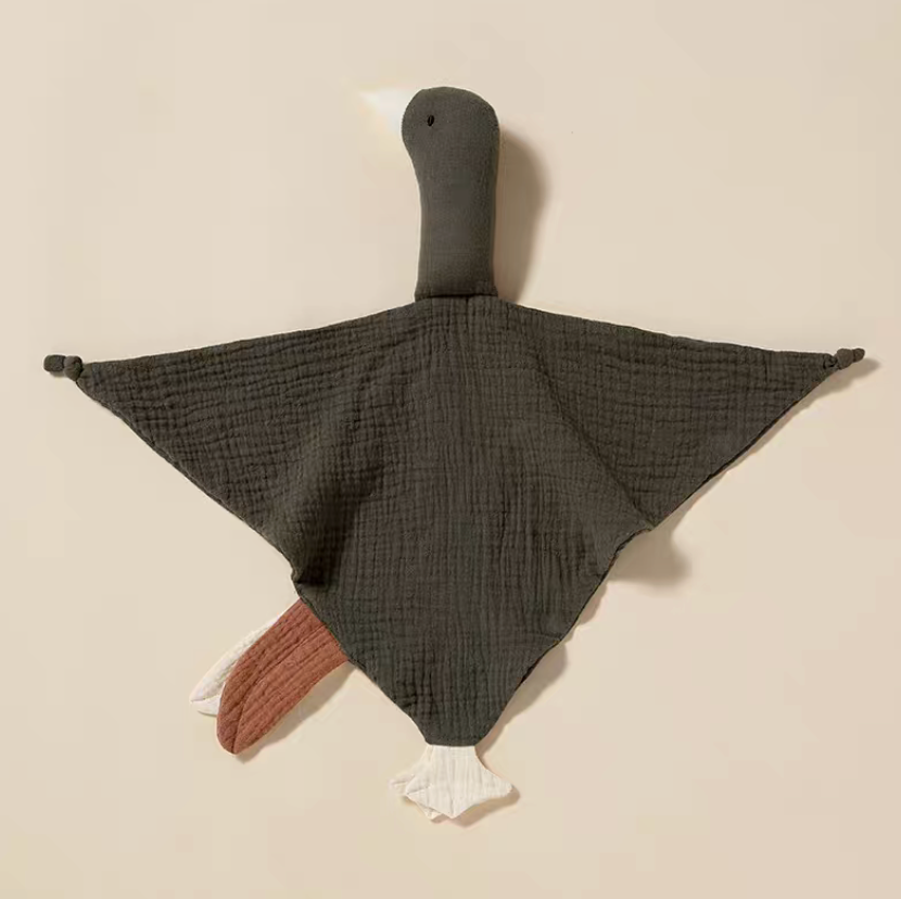 Dark khaki duck lovey teething toy fully spread with earthy tone cotton fabric and soft comfort design