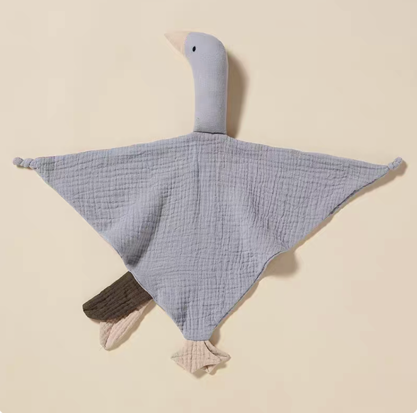 Light gray duck lovey teething toy displayed flat with clean minimal color and soft cotton feel
