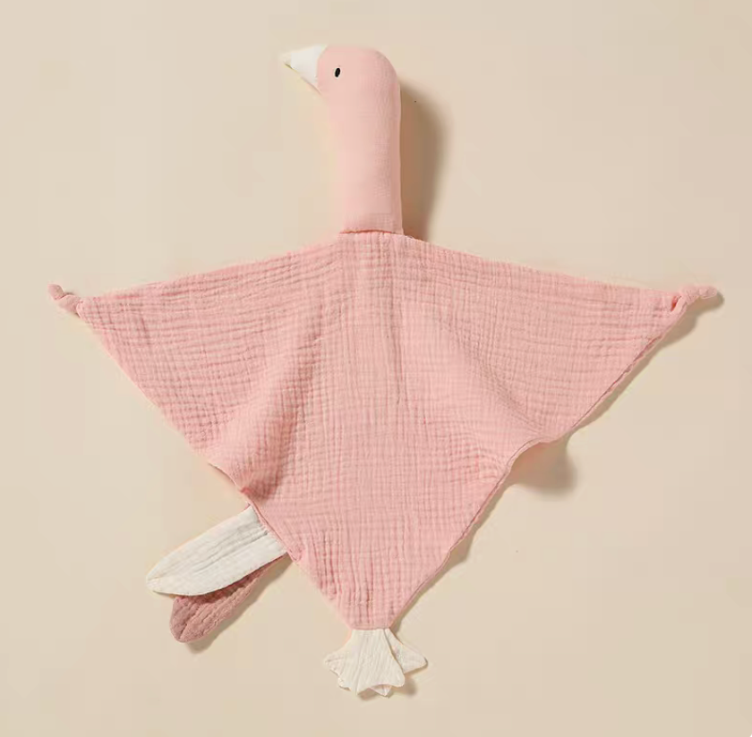 Light pink duck lovey teething toy fully spread featuring soft pastel cotton fabric and soothing baby-friendly texture