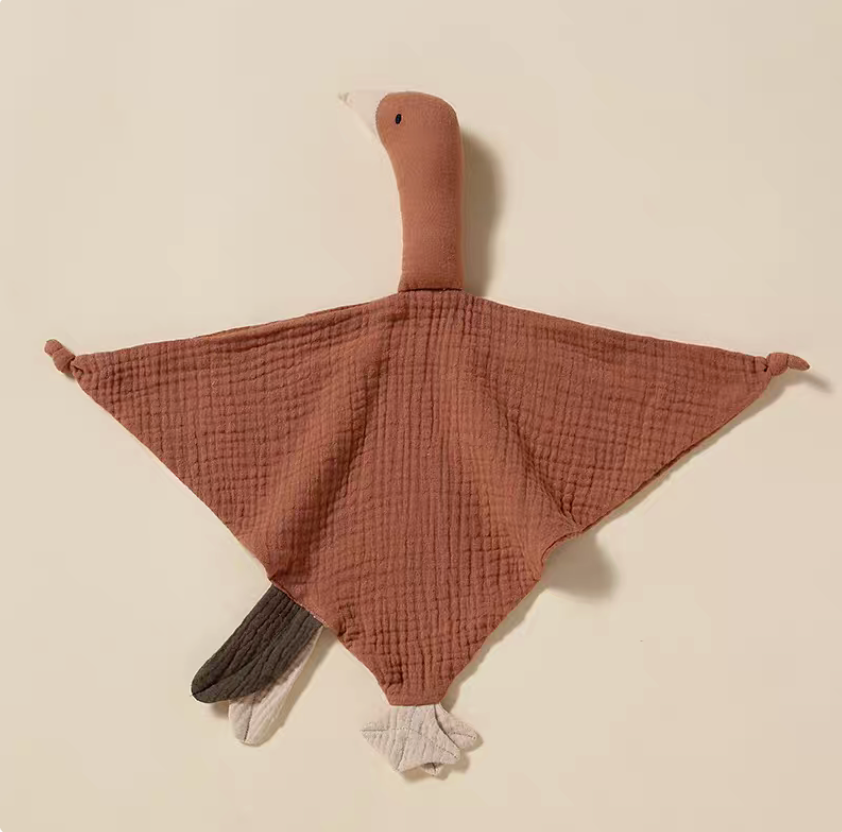 Rouge red duck lovey teething toy fully spread showing soft cotton muslin blanket wings and textured surface