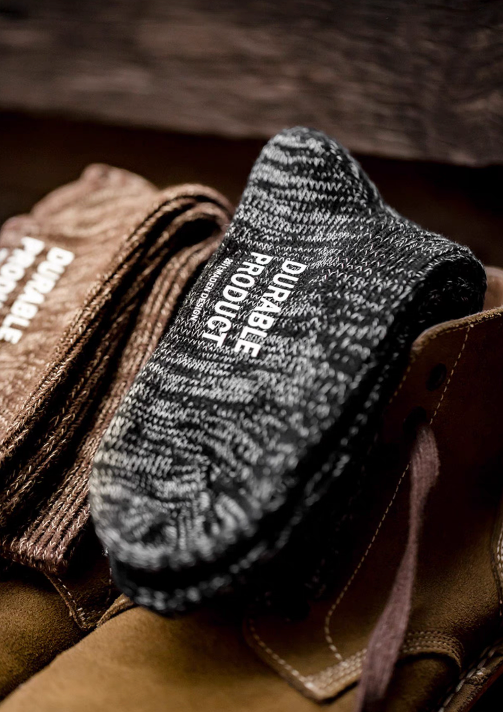 Durable Cotton Crew Socks in brown and black displayed together showing color variation and textured knit fabric