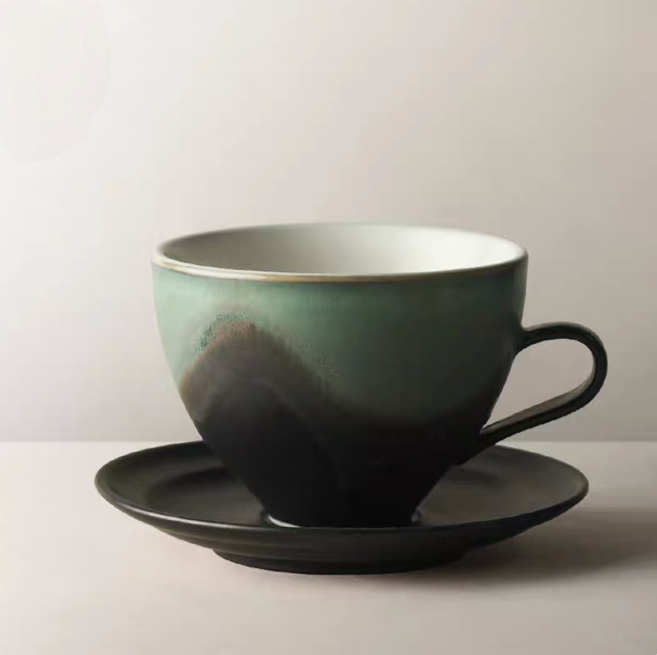 Kiln-Change Dark Green ceramic coffee cup and saucer front view with deep earthy gradient glaze and refined silhouette