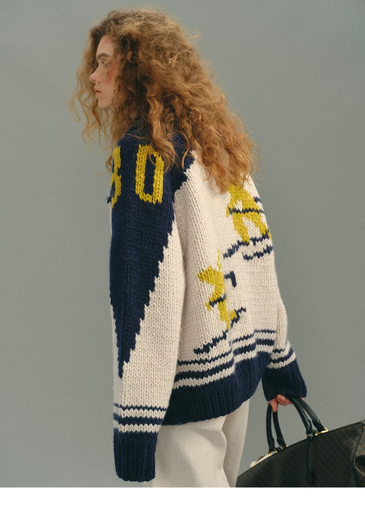 Navy multi Fair Isle wool cardigan, back side view