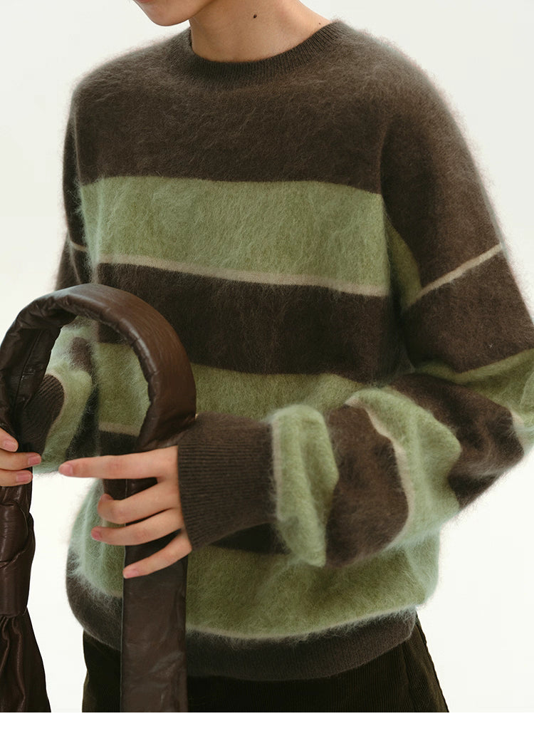 sleeve and fabric detail of brown green striped brushed alpaca sweater