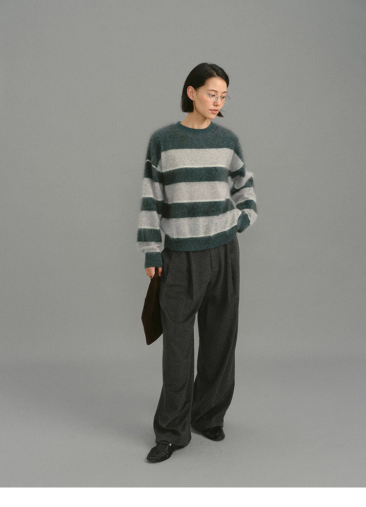 full-body outfit with dark green gray striped fuzzy alpaca sweater
