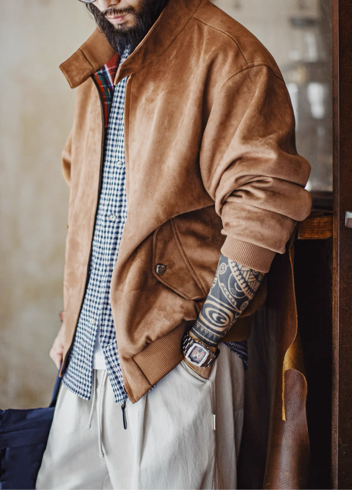 Camel suede Harrington jacket styled over check shirt