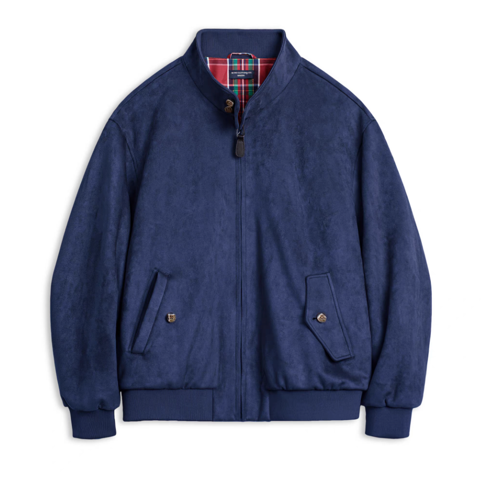 Navy suede G9 Harrington jacket front view with tartan lining