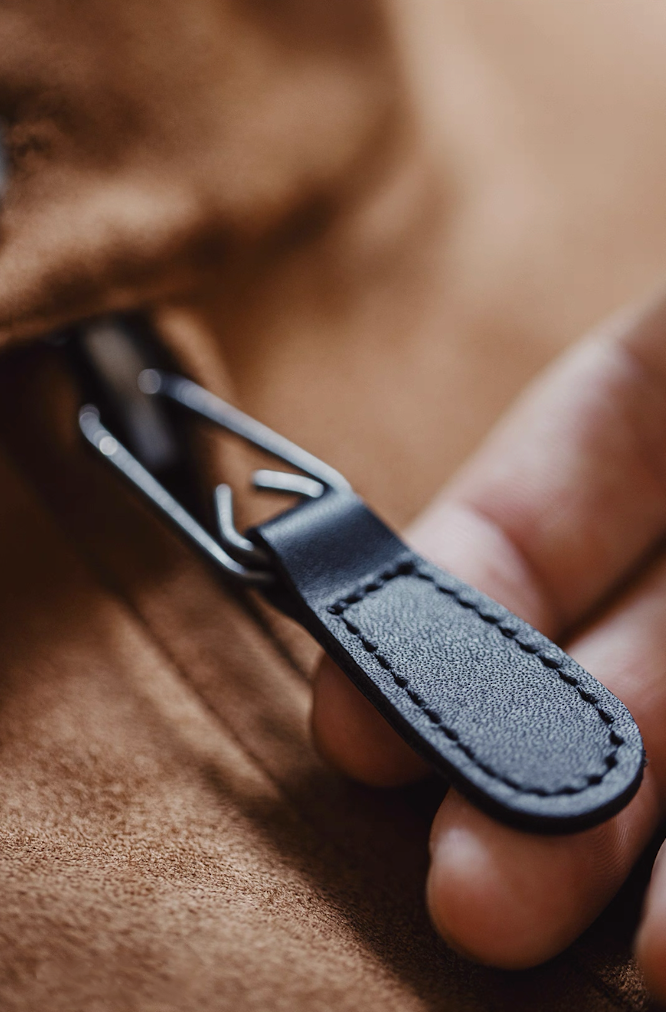 Leather zip pull on suede Harrington jacket