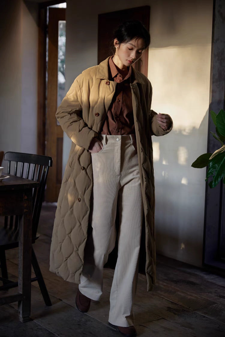 Model wearing khaki Gourd Stitch Longline Coat in full body walking pose highlighting longline silhouette, quilted texture, and casual styling