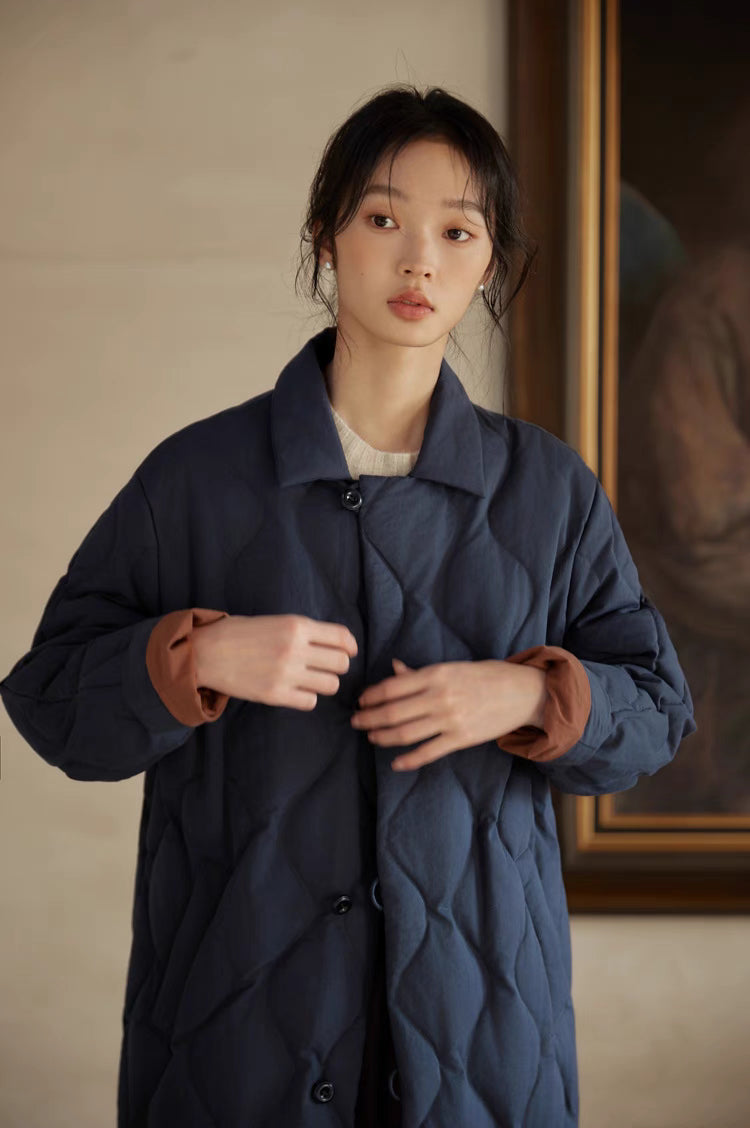 Front detail view of navy blue quilted longline coat highlighting stand collar, button closure, and gourd stitch pattern