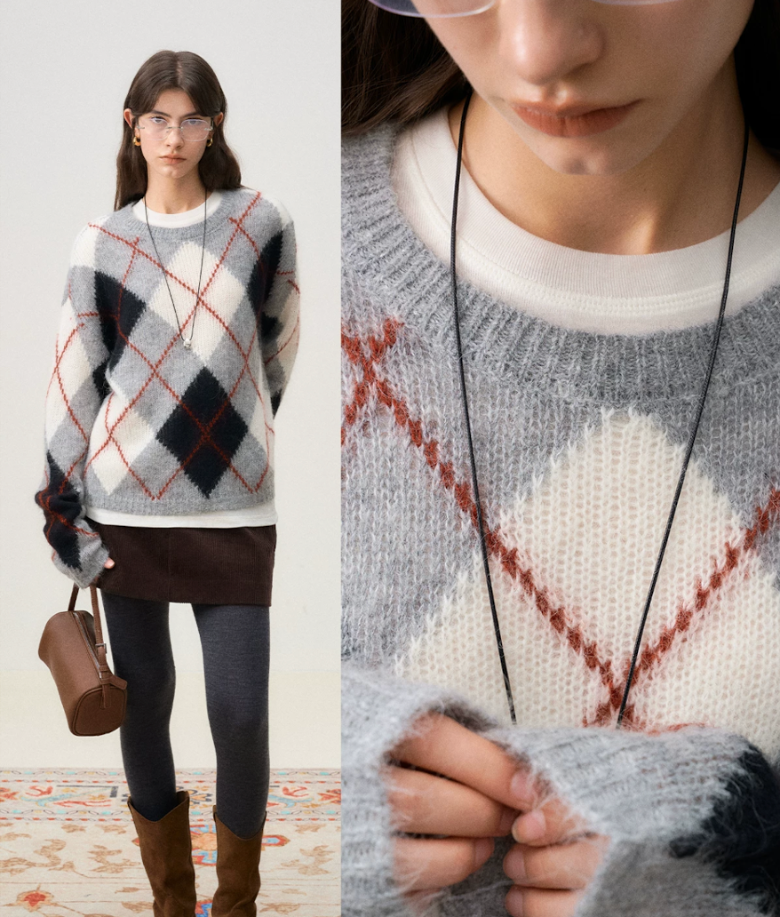 Gray Argyle sweater front view beside a close-up of the ribbed crew neck and fuzzy knit