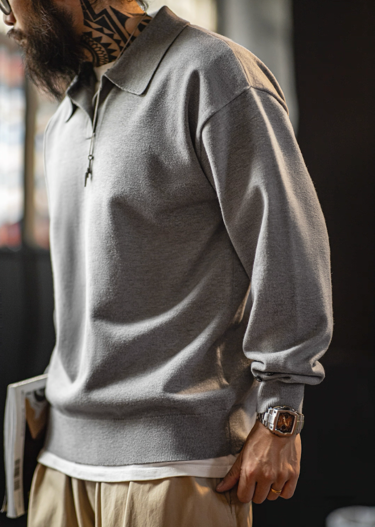 Side view showing clean drape and relaxed fit of gray knit polo sweater.