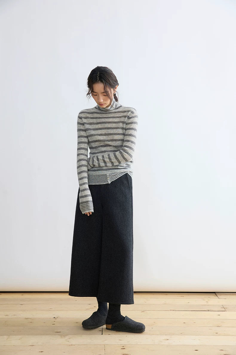 Grey stripe yak wool turtleneck, full-length front view
