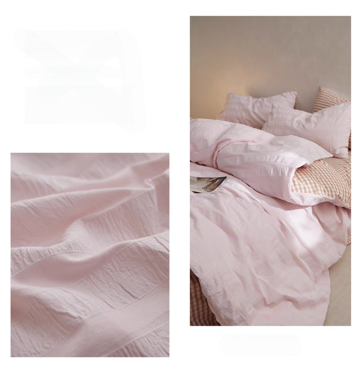 Pink Grid cotton bedding detail collage showing textured stripe fabric and checked sheet with pillow shams