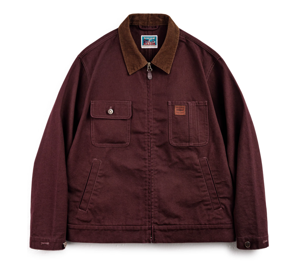 Front view of the burgundy Hardman Detroit 90s Workwear Jacket, featuring the corduroy collar and asymmetrical pocket design.