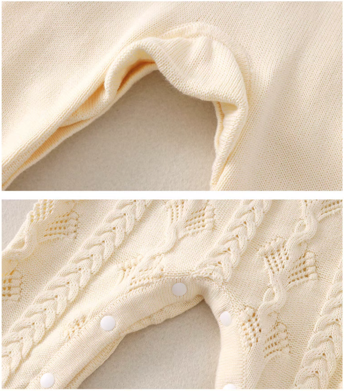 Close-up collage of beige baby romper leg opening and snap closure with cable knit texture