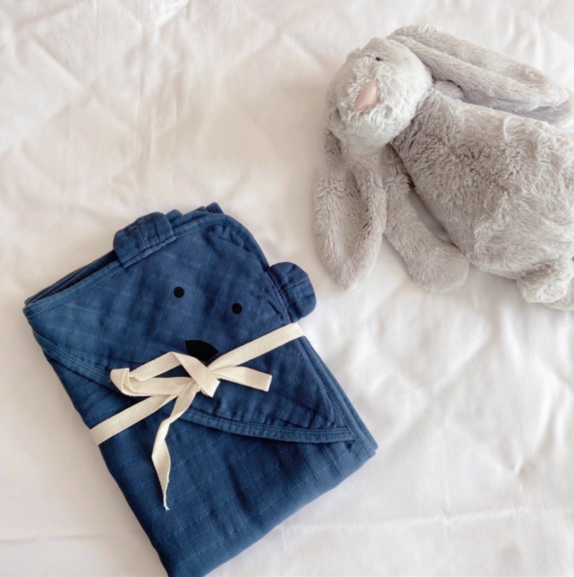 Bear Navy Blue baby swaddle wrap set folded with ribbon including hooded blanket and matching cloth