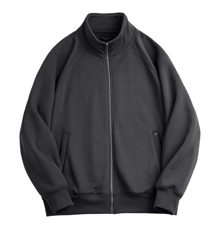 Charcoal gray double-fleece zip sweatshirt jacket, front flat lay with stand collar