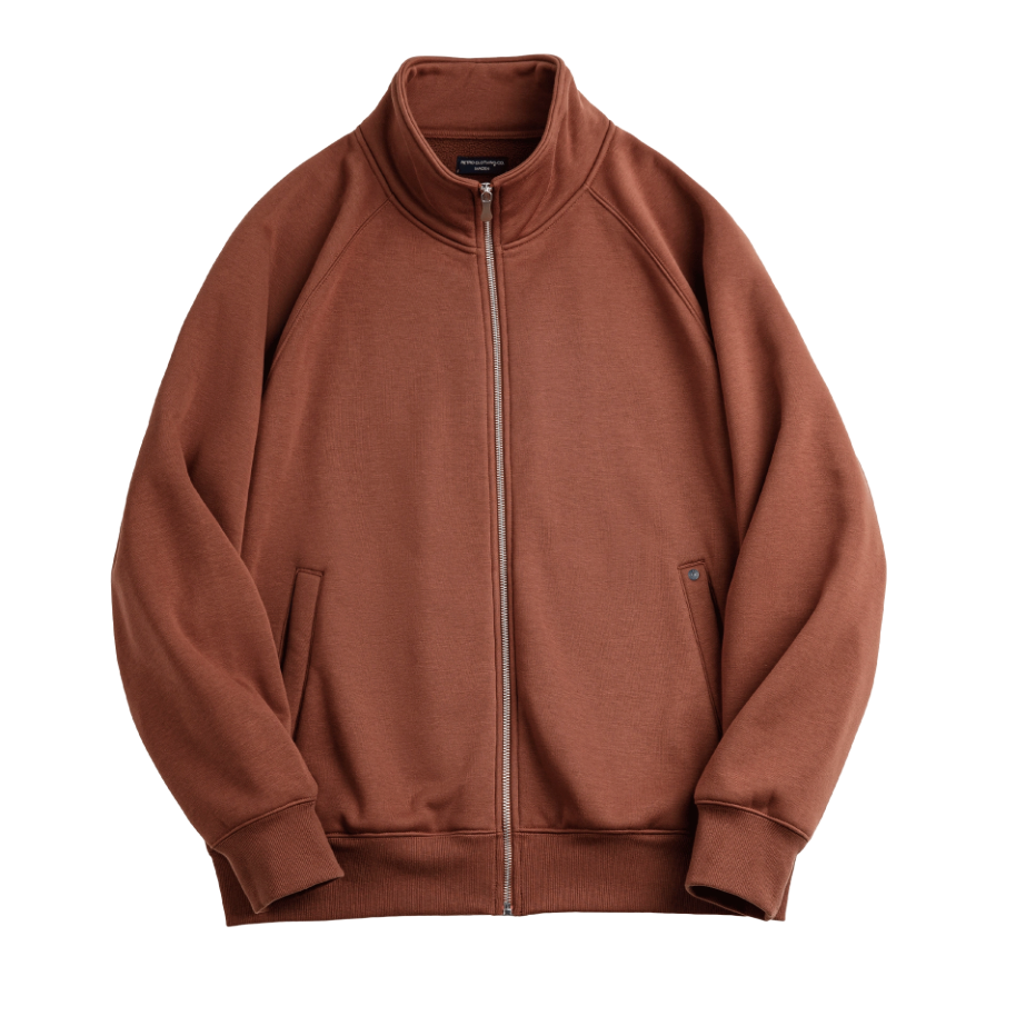 Warm clay brown double-fleece zip sweatshirt jacket, front flat lay
