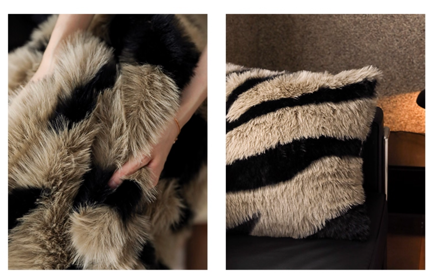 Camel black stripe faux fur pillow reversible animal print for couch or bed
