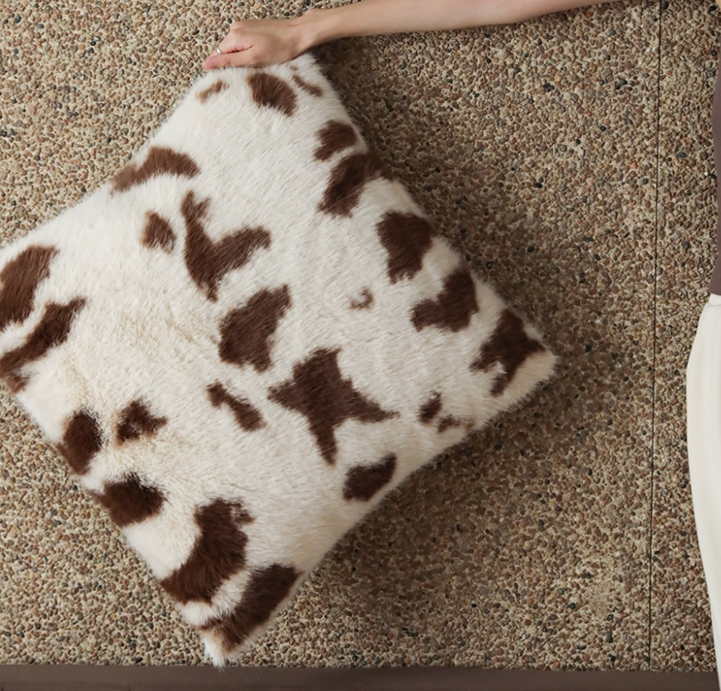 Cream brown cow print faux fur decorative pillow vegan reversible 20x20
