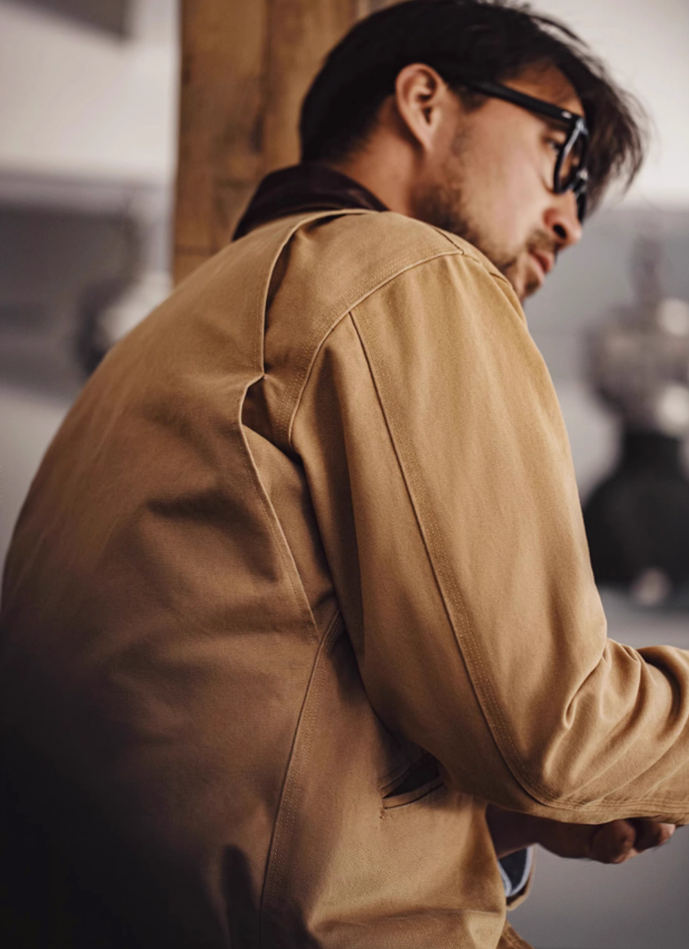 Ironclad Canvas Work Jacket khaki back side view showing shoulder structure clean stitching and durable canvas construction