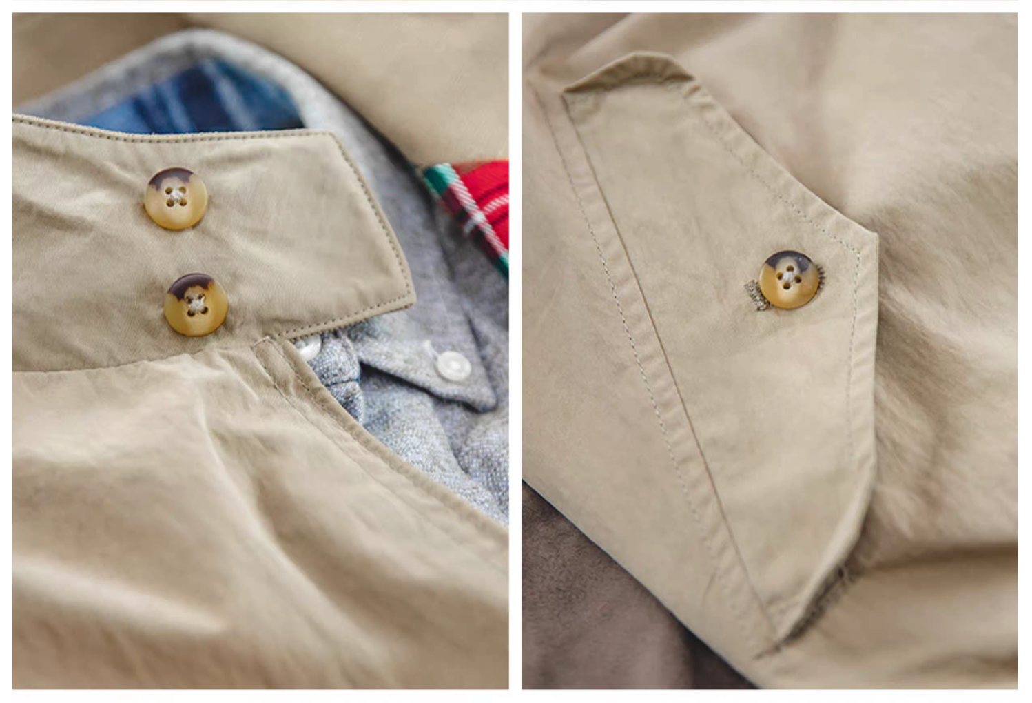 Detail shot of Harrington jacket button and pocket stitching in khaki fabric