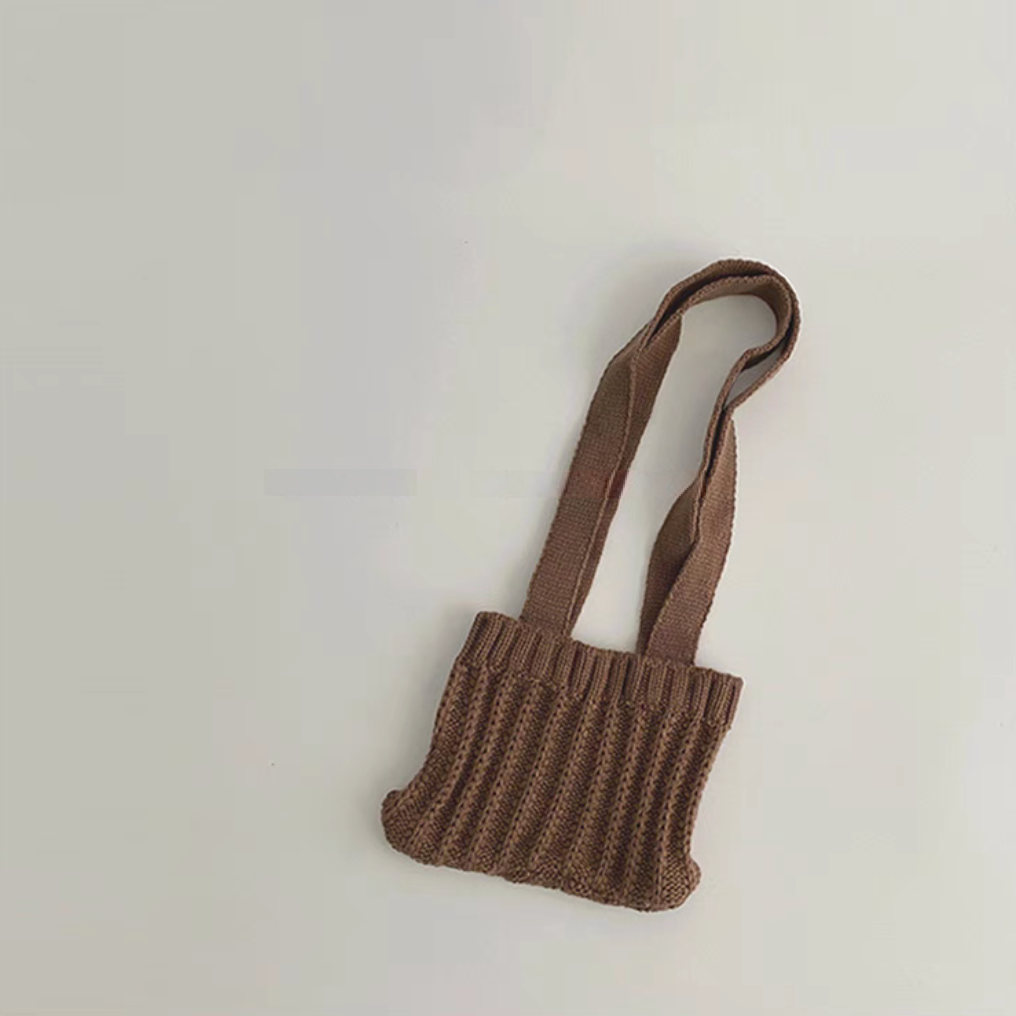 Kids knit crossbody bag in coffee color with soft ribbed cotton texture and shoulder strap
