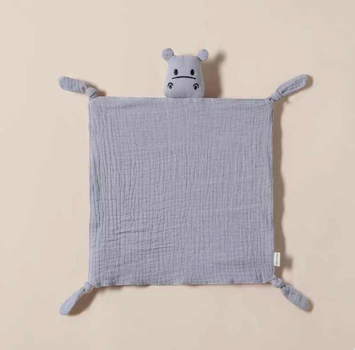 Gray knotted corner muslin baby comfort cloth with plush animal head laid flat showing square design