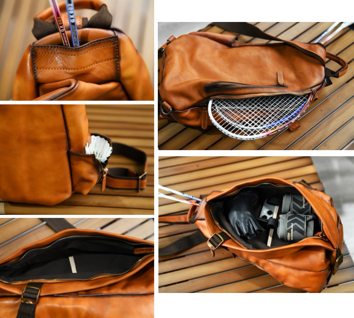 Detail collage of camel brown leather sling bag showing zipper opening, side pocket and interior capacity.