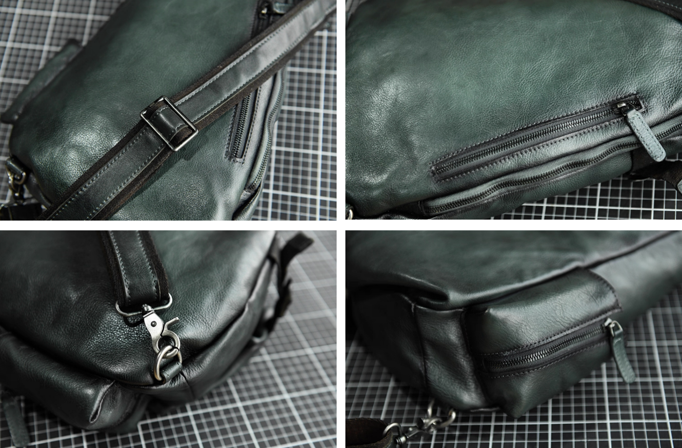 Detail collage of olive green leather sling bag showing hardware, zippers, and bottom pocket.