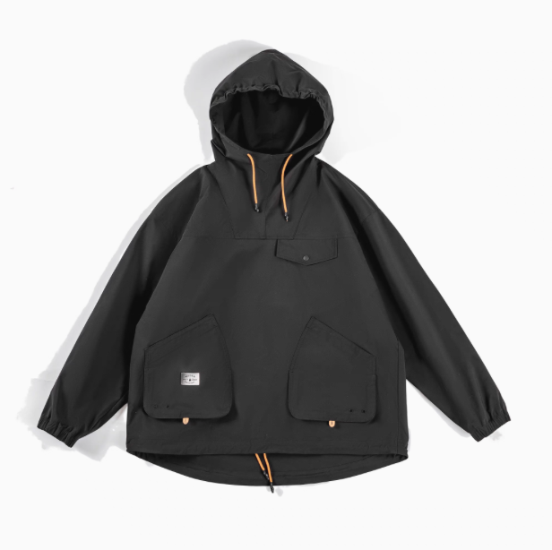 Lightweight Hooded Anorak Jacket for Everyday Wear in Charcoal Black front view showing pullover design, adjustable hood and large front pockets