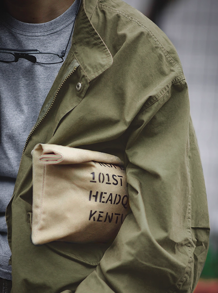 Close-up of M-65 fishtail parka chest and pocket detail