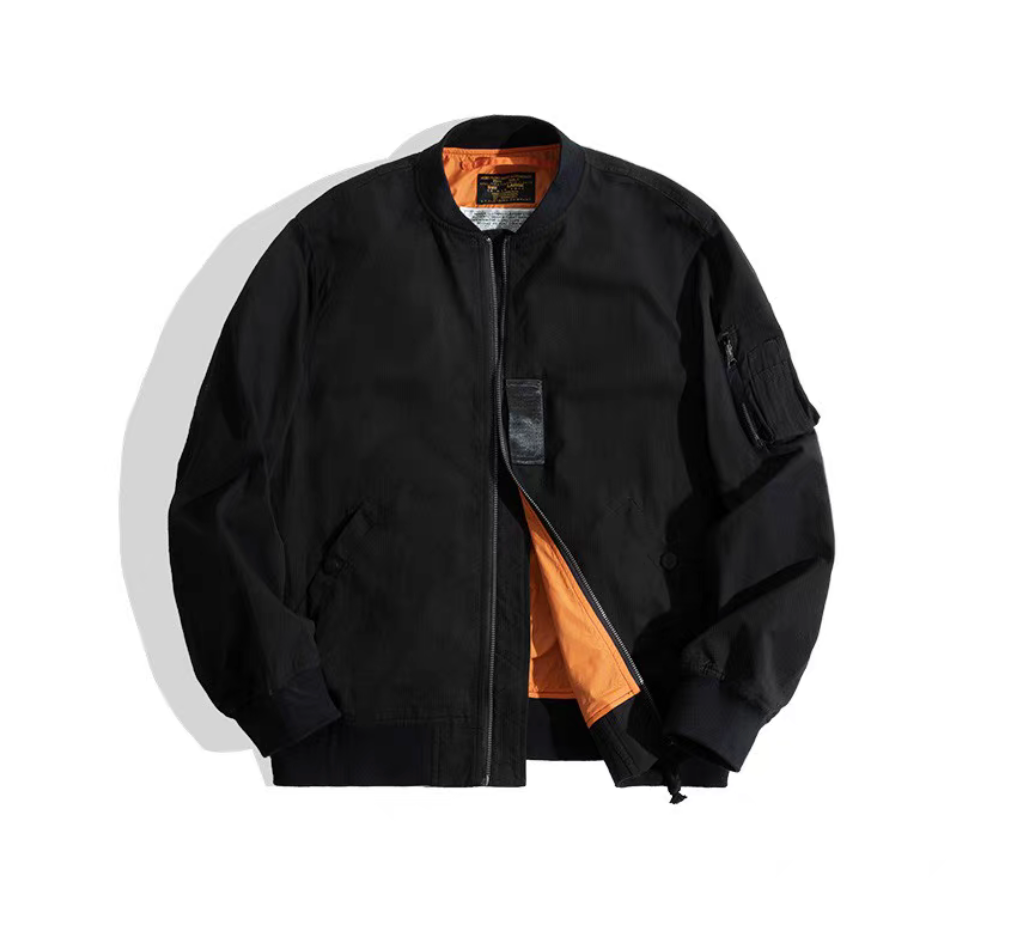 Black MA-1 bomber jacket with orange lining front view