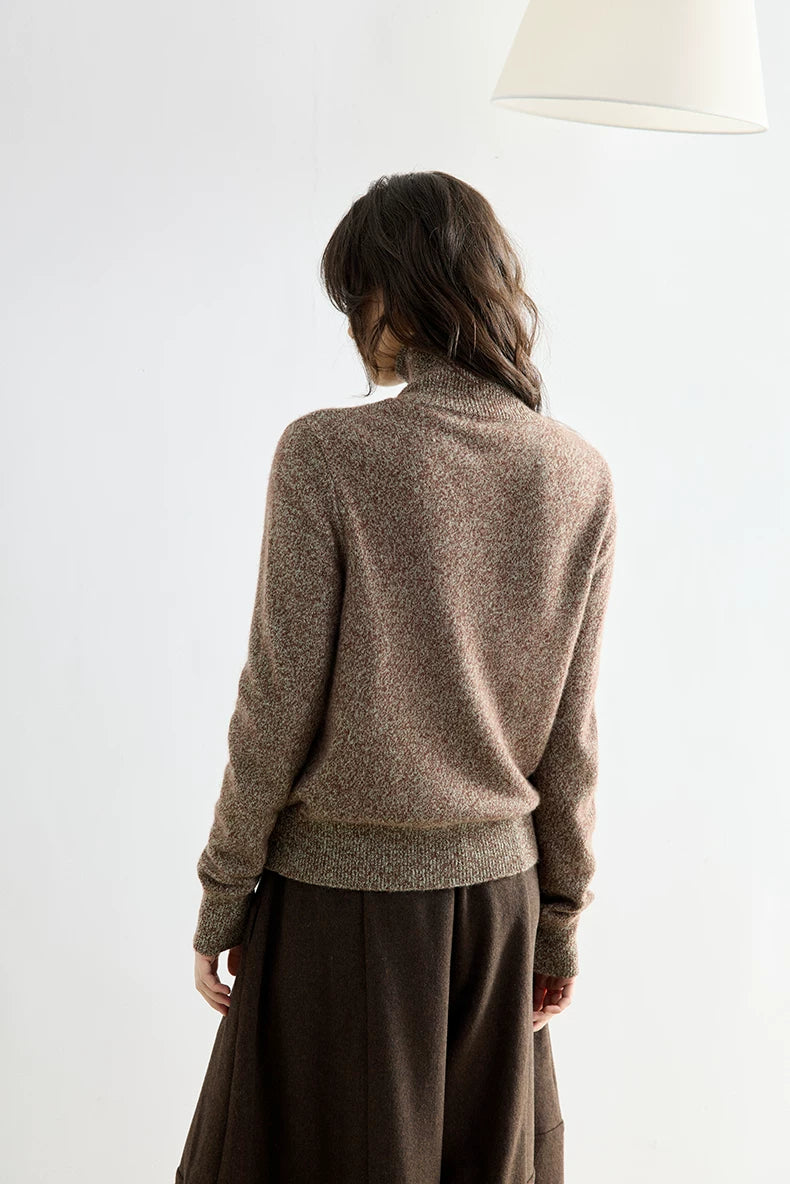 Heather brown marled wool cardigan, back view