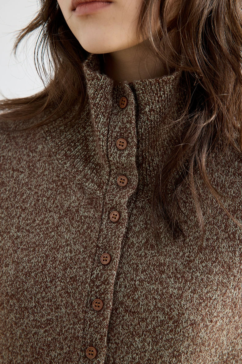 Close-up of heather brown wool cardigan stand collar and buttons