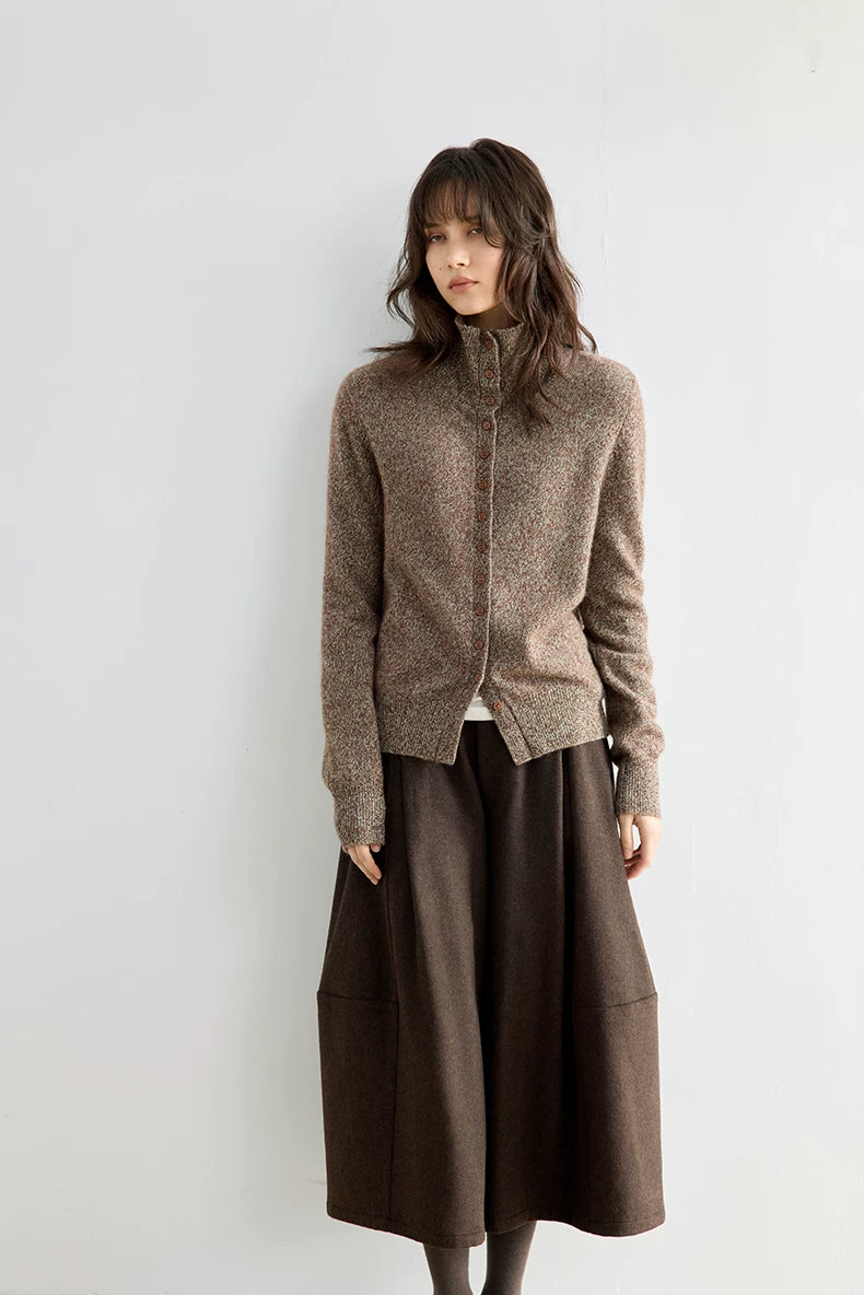 Heather brown marled wool cardigan, full body front view