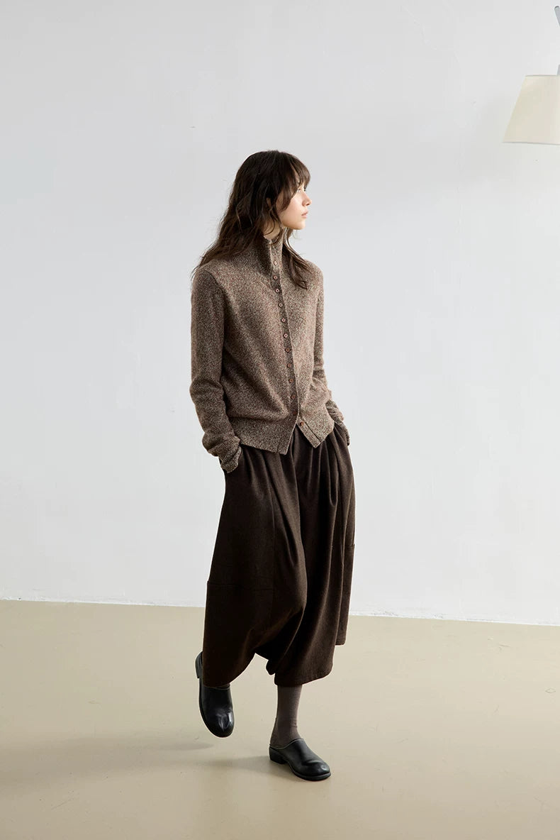 Heather brown marled wool cardigan, full body side view