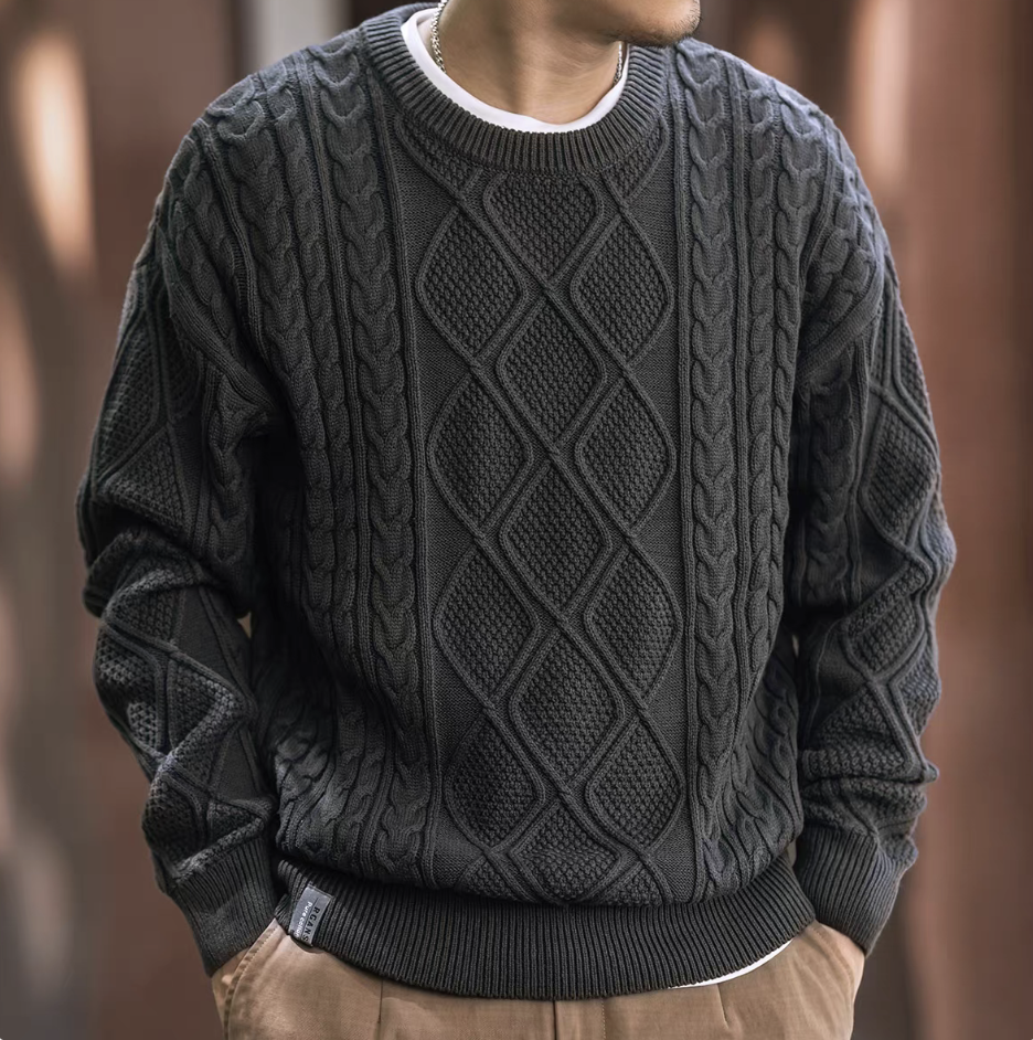 Men’s dark grey diamond cable knit sweater, crewneck pullover.