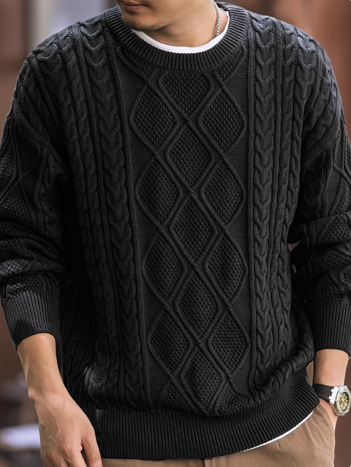 Chunky knit diamond pattern men’s sweater, black crew pullover.