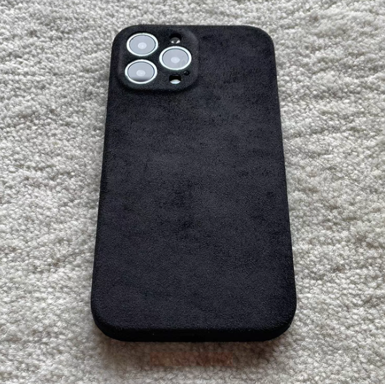 Black microfiber suede matte phone case back view with minimalist design and soft texture