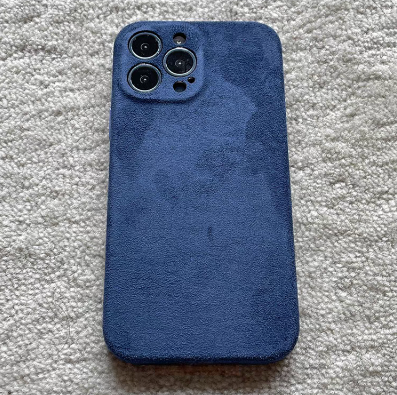 Royal blue microfiber suede matte phone case back view with smooth texture and bold color