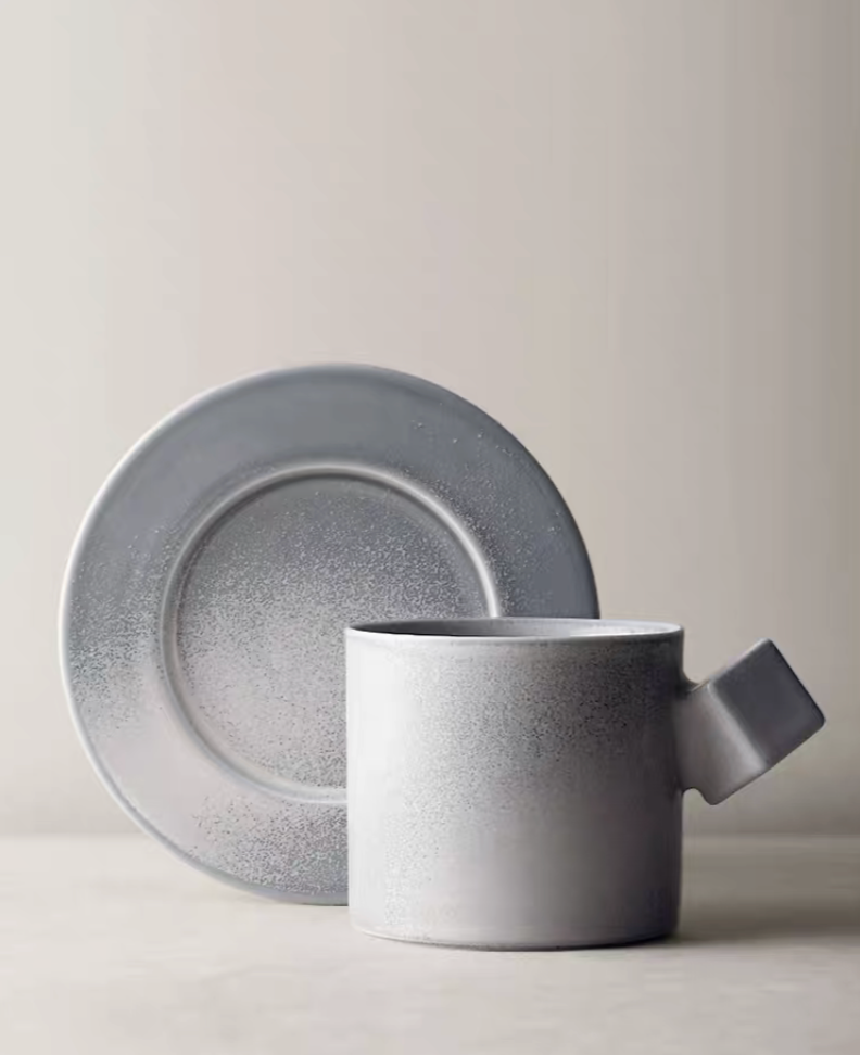 Gray Modern Minimalist Ceramic Cup and Saucer Set single product front view showing square handle and matte finish