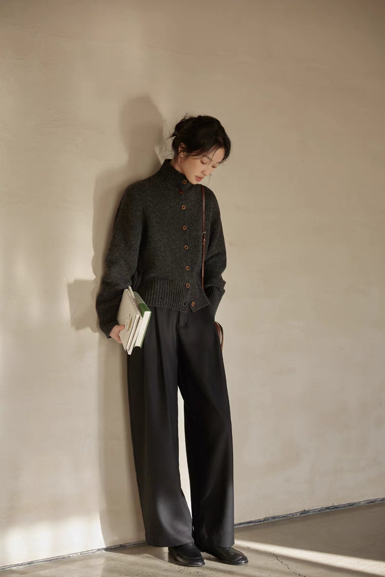 Dark gray mock neck cardigan full body relaxed outfit with wide leg pants and cozy styling