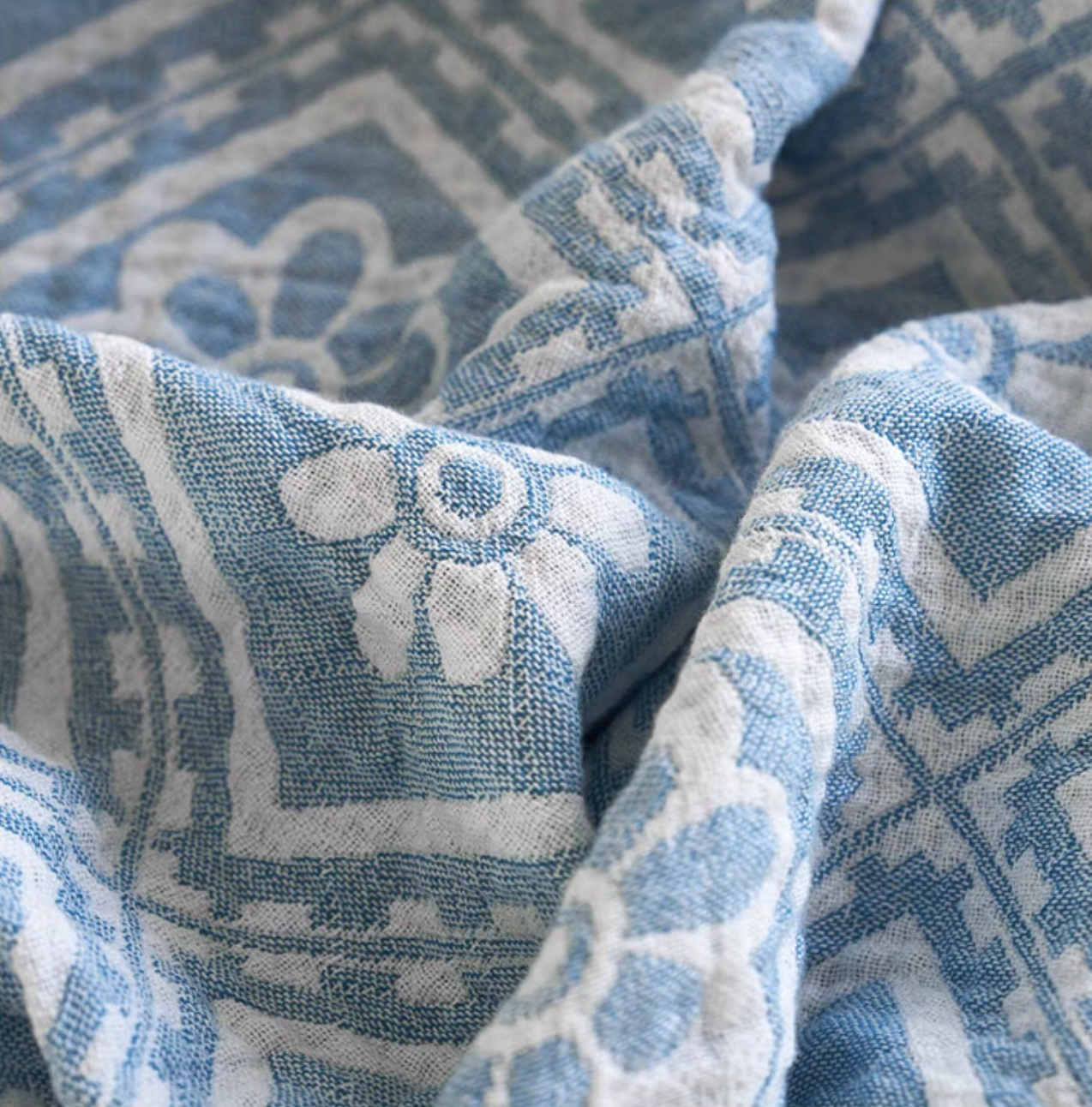 Close-up fabric texture of Nature Cotton Quilt Blue Chrysanthemum cotton jacquard weave