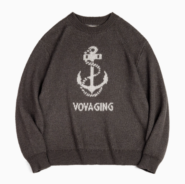 Nautical Anchor Knit Sweater Gray Brown flat lay front view with anchor graphic and VOYAGING text on textured knit